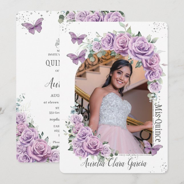Quinceañera Lila Blommigt Ro Butterflies Photo Inbjudningar (Fram/baksida)