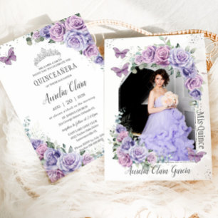Quinceañera Lila Blommigt Ro Butterflies Photo Inbjudningar