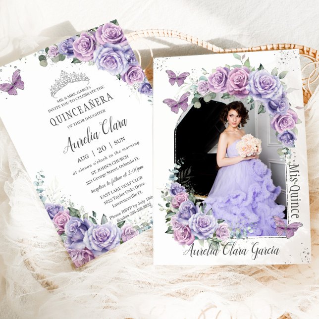 Quinceañera Lila Blommigt Ro Butterflies Photo Inbjudningar (Skapare uppladdad)