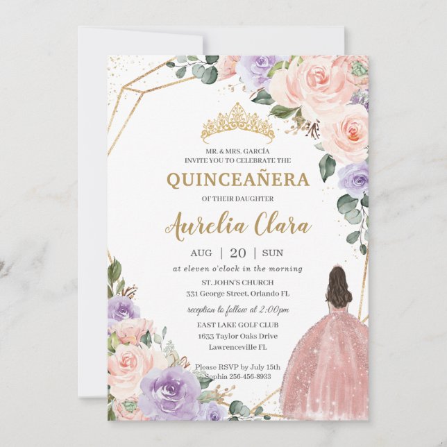 Quinceañera Lila  Blommigt Ro Guld Dress Inbjudningar (Framsida)