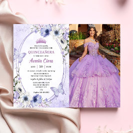 Quinceañera Lila Blommigt Tiara Butterflies Photo Inbjudningar