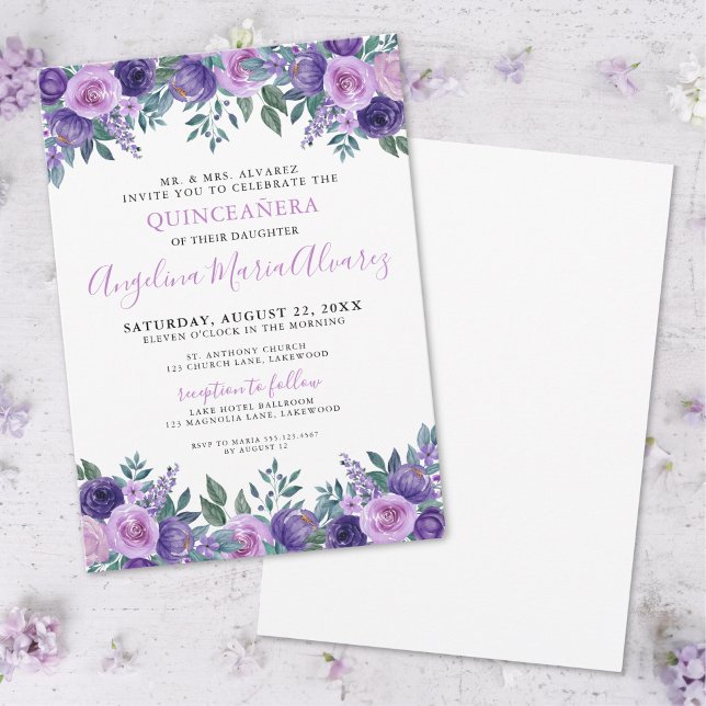 Quinceanera Lila Blommor Inbjudningar (Elegant Simple Purple Quinceanera Invitation)