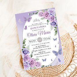 Quinceañera Lila Blomster Diadem Fjärilar Inbjudningar
