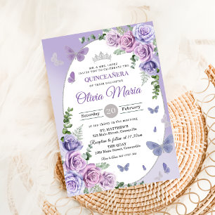 Quinceañera Lila Blomster Diadem Fjärilar Inbjudningar