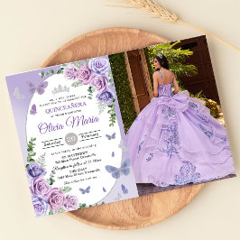 Quinceañera Lila Blomsterkrans fjärilar Inbjudningar