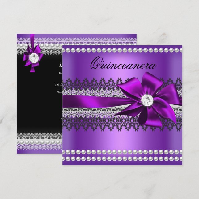 Quinceanera Lila Bow Black Pearl Snöre Diamond Inbjudningar (Fram/baksida)