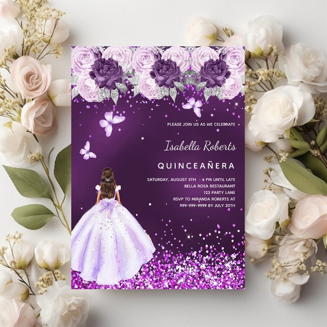 Quinceanera lila dress rosa blommigt inbjudningar (Skapare uppladdad)