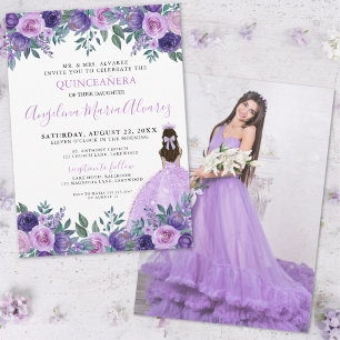 Quinceanera Lila Foto Blommig Inbjudningar