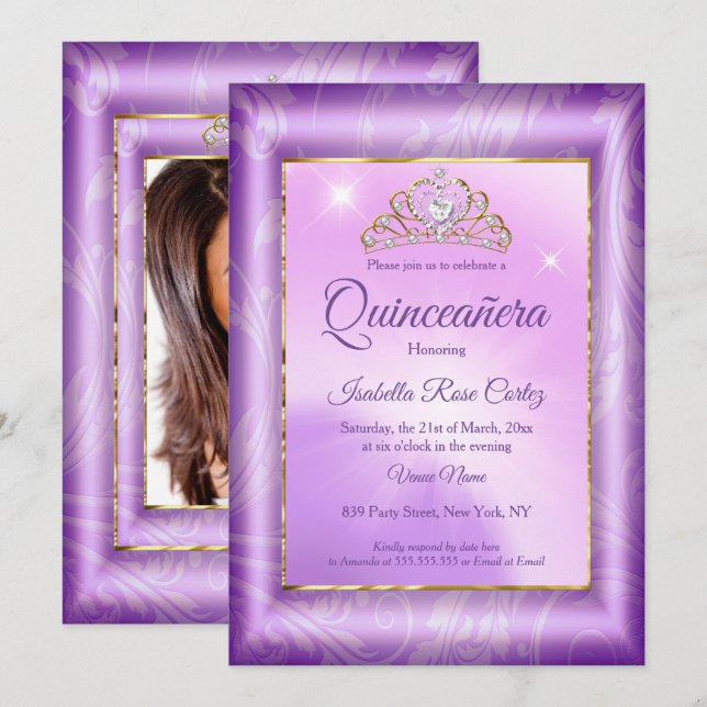 Quinceanera Lila foto Guld Tiara party Inbjudningar (Fram/baksida)