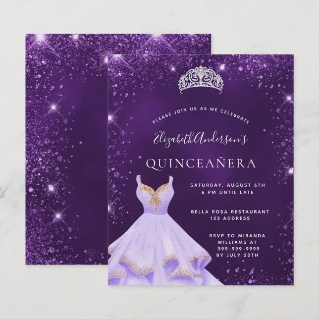 Quinceanera lila glitter dress tiara-inbjudan (Fram/baksida)
