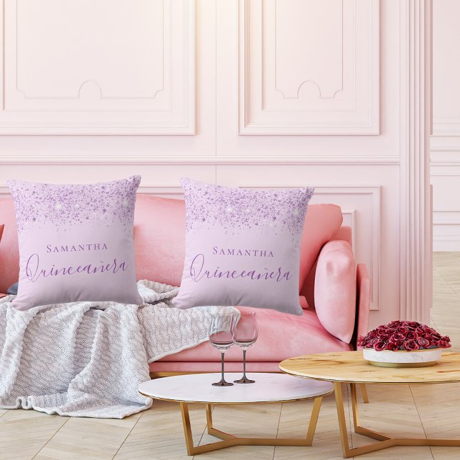 Quinceanera lila glitter droppar monogram kudde (Skapare uppladdad)