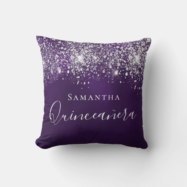 Quinceanera lila glitter stoft silver monogram kudde (Framsida)