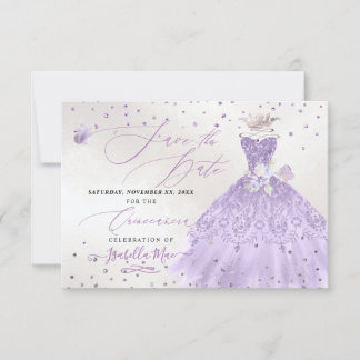 Quinceanera lila glitterklänning spara datum inbjudningar