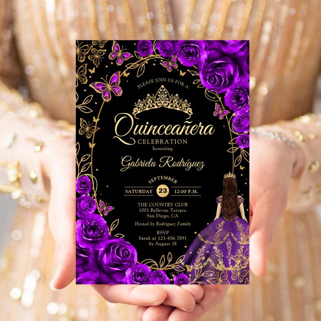 Quinceanera Lila Guld Black Inbjudningar (Skapare uppladdad)