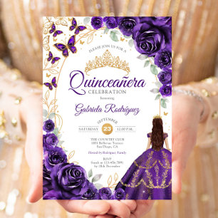 Quinceanera Lila Guld Blommig Inbjudningar