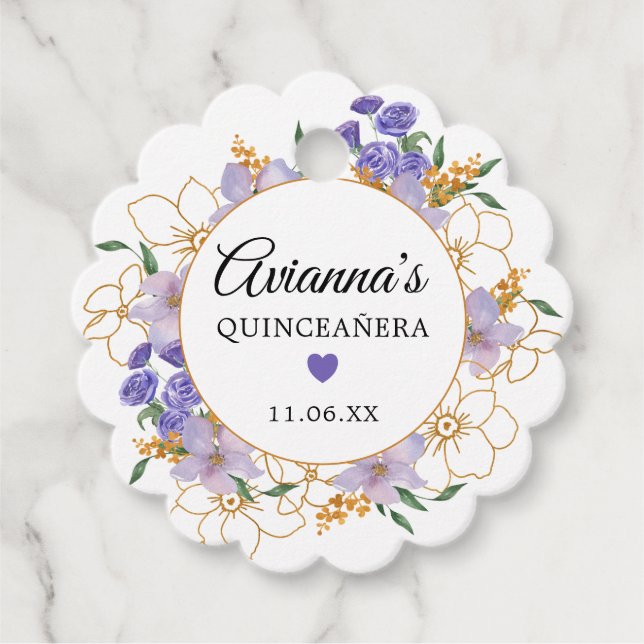Quinceanera Lila Guld Blommigt Party Gåvor Etiketter (Framsida)