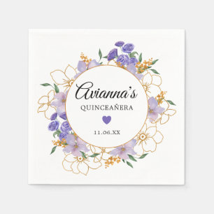 Quinceanera Lila Guld Blommigt Party Pappersservett