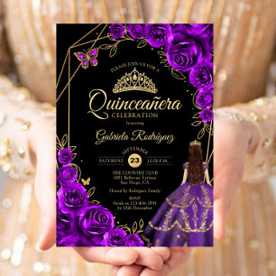 Quinceanera Lila Guld Fjäril Klänning Blommig Inbjudningar