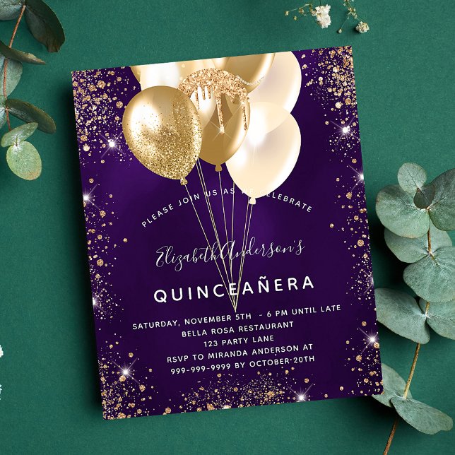 Quinceanera lila guld glitter-ballonger flygblad (Skapare uppladdad)