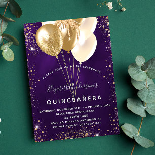 Quinceanera lila guld glitter-ballonger lyx inbjudningar
