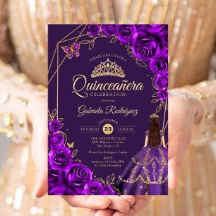 Quinceanera Lila Guld Klänning Blommig Inbjudningar