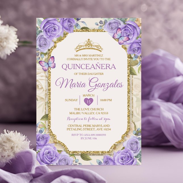 Quinceañera Lila & Guld Krona Mexikanska fjäril Inbjudningar (Skapare uppladdad)
