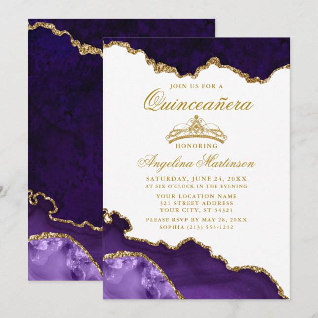 Quinceanera Lila Guld Marmor Krona Inbjudningar (Fram/baksida)