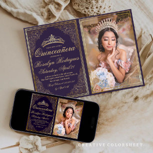 Quinceanera Lila guld Ornate Princess Tiara Inbjudningar