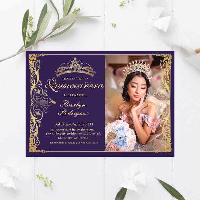 Quinceanera Lila Guld Quinceanera med foto Inbjudningar (Skapare uppladdad)