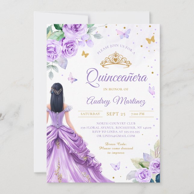 Quinceanera Lila Guld Ro Butterfly Princess Inbjudningar (Framsida)