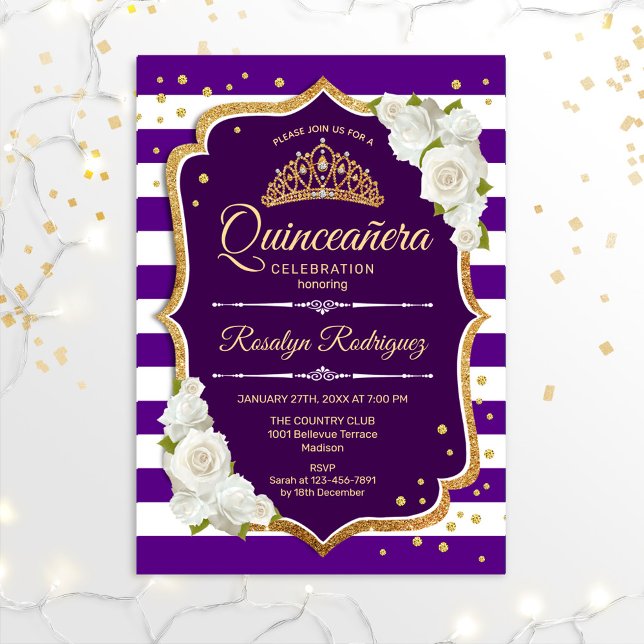 Quinceanera - Lila Guld White Inbjudningar (Skapare uppladdad)
