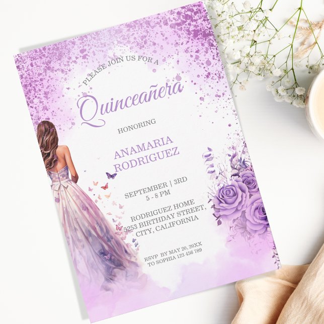 Quinceañera lila klänning Blommor Fjärilar Inbjudningar (lavender purple roses and dress with butterflies)