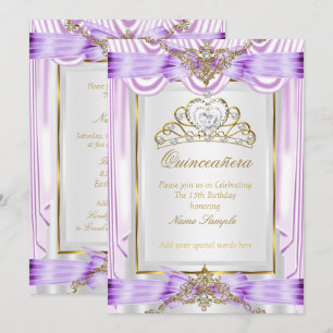 Quinceanera Lila Lavendel Purpur Guld Vit Inbjudningar