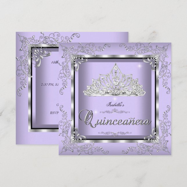 Quinceanera Lila Lavendel Silver Diamant Tiara 3 Inbjudningar (Fram/baksida)
