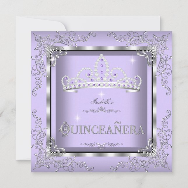 Quinceanera Lila Lavendel Silver Diamant Tiara 4 Inbjudningar (Framsida)