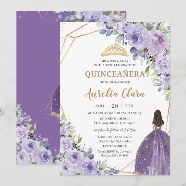 Quinceañera Lila Lavender Blommigt Guld incess Inbjudningar (Fram/baksida)