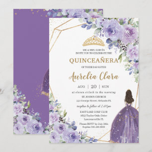 Quinceañera Lila Lavender Blommigt Guld incess Inbjudningar