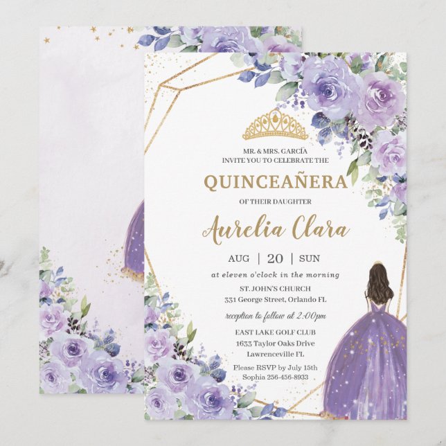 Quinceañera Lila Lavender Blommigt Guld Princess I Inbjudningar (Fram/baksida)