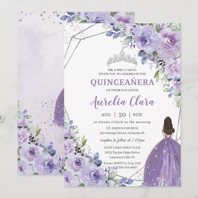 Quinceañera Lila Lavender Blommigt Silver incess Inbjudningar (Fram/baksida)
