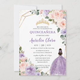 Quinceañera Lila Lavender  Blommigten Guld Inbjudningar