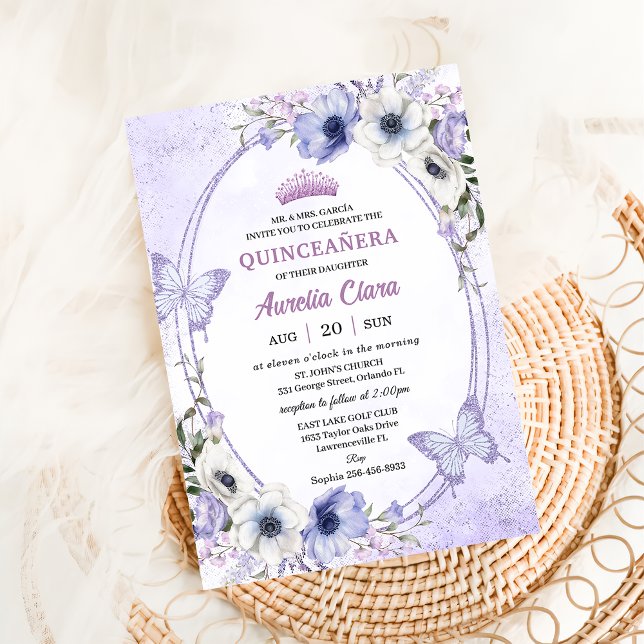 Quinceañera lila lila blomster tiara fjärilar inbjudningar (Skapare uppladdad)