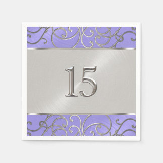 Quinceanera lila lila silver filigran virvlar pappersservett