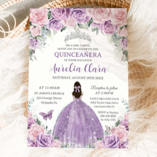 Quinceañera Lila Lilac Blek Rosa Blommigt Princess Inbjudningar