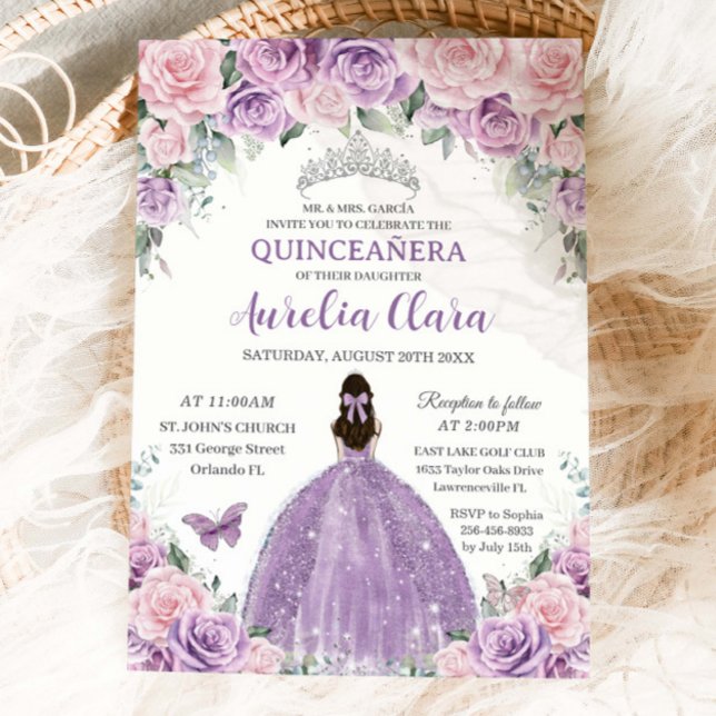 Quinceañera Lila Lilac Blek Rosa Blommigt Princess Inbjudningar (Skapare uppladdad)