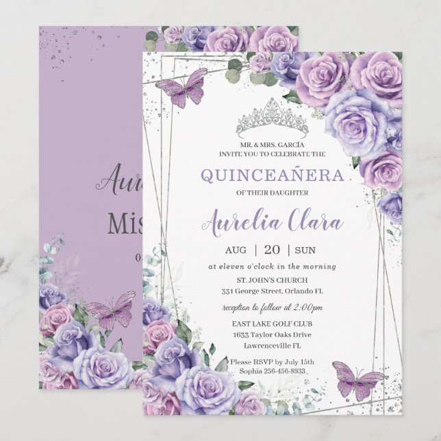 Quinceañera Lila Lilac Blommigt Butterflies Silver Inbjudningar (Fram/baksida)