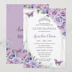 Quinceañera Lila Lilac Blommigt Butterflies Silver Inbjudningar
