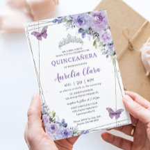 Quinceañera Lila Lilac Blommigt Butterflies Silver