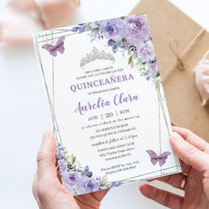 Quinceañera Lila Lilac Blommigt Butterflies Silver Inbjudningar