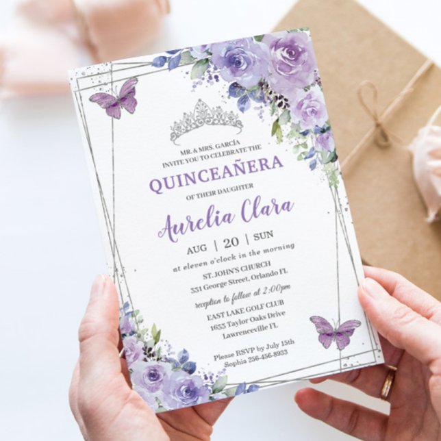 Quinceañera Lila Lilac Blommigt Butterflies Silver Inbjudningar (Skapare uppladdad)