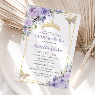 Quinceañera Lila Lilac Blommigt Butterflies Tiara Inbjudningar